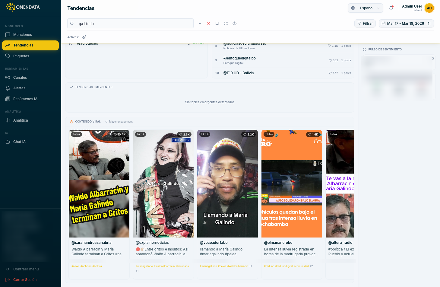 Tendencias por keyword en OmenData — detección de temas virales en Bolivia